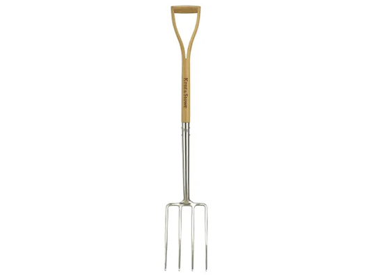 Gardening fork with wooden handle on a white background