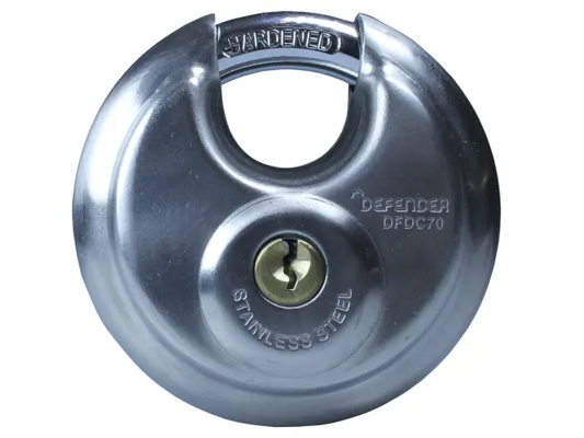 Metallic padlock with 'Defender' branding on a white background