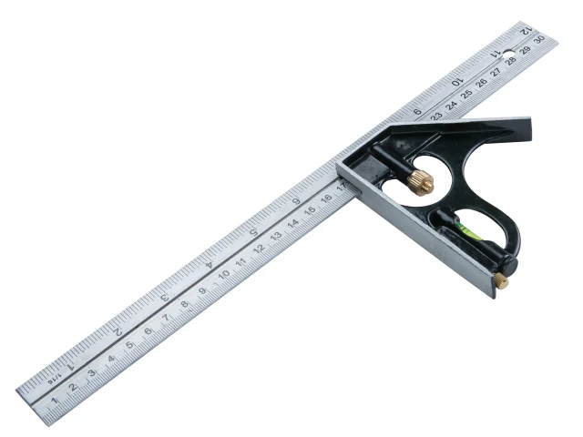 Metal ruler with a square tool on a white background