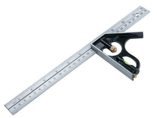 Metal ruler with a square tool on a white background