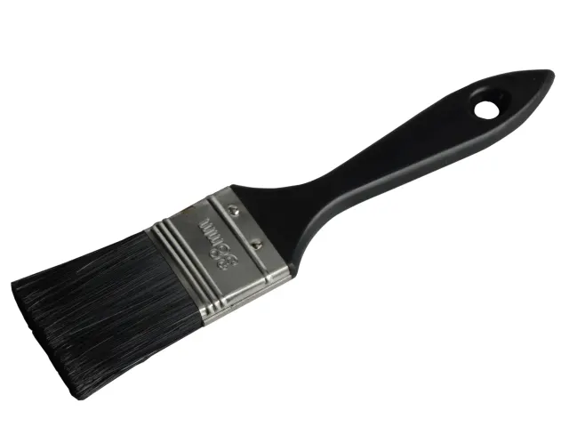 Paint brush with black bristles and a black handle on a white background