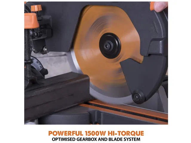 Circular saw blade with 'Powerful 1500W Hi-Torque' text on a white background