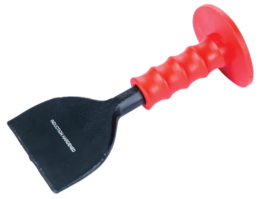 Black putty knife with red handle on a white background