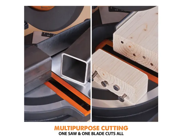 Two views of a cutting tool with text 'Multipurpose Cutting One Saw & One Blade Cuts All'.
