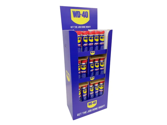 Display of WD-40 products in a blue box with multiple bottles visible.