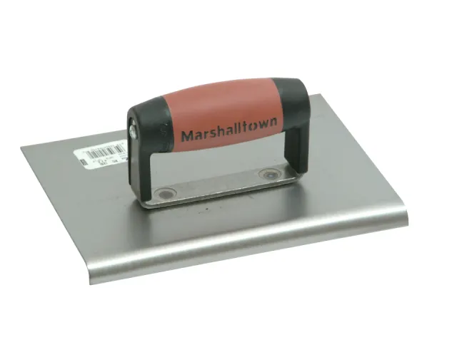 Metal trowel with red handle and 'Marshalltown' branding on a white background