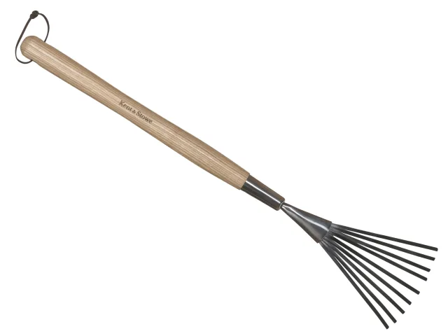 Gardening tool with wooden handle and metal prongs on a white background