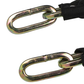 Two metal chain links with a black strap on a white background