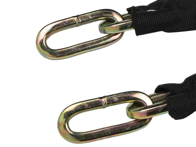 Two metal chain links with a black strap on a white background