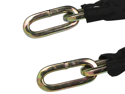 Two metal chain links with a black strap on a white background