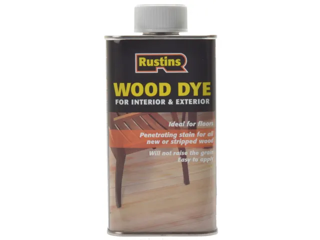 Can of Rustins wood dye for interior and exterior on a white background