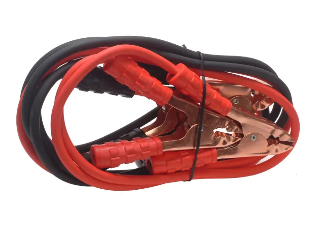 Car jump starter cable with red and black connectors on a white background