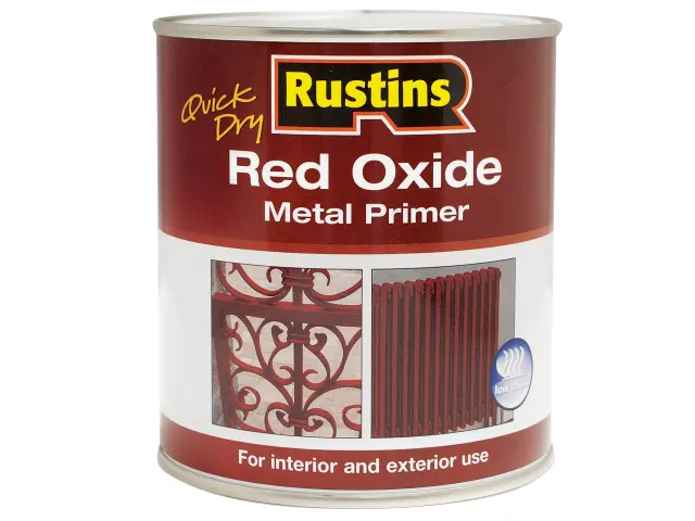 Can of Rustins Red Oxide Metal Primer on a white background
