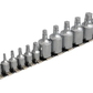 Set of drill bits in a metal holder on a white background