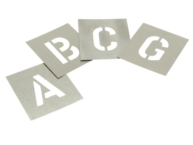 Metallic letter stencils spelling 'ABC' on a white background