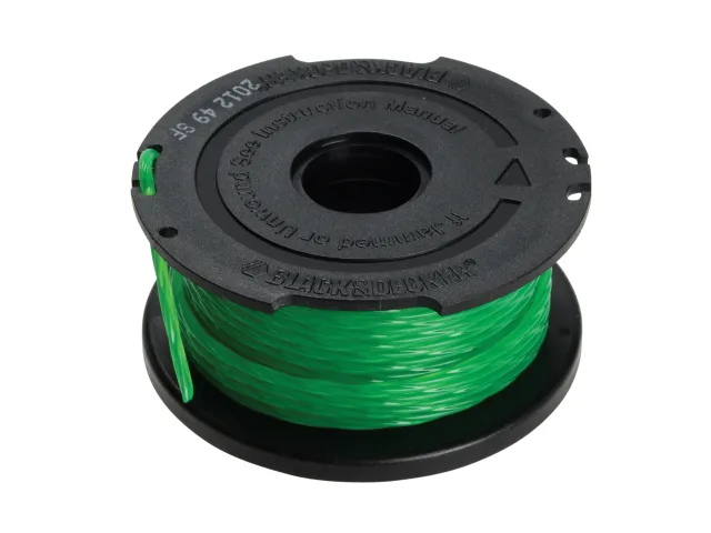 Spool of green string trimmer line with black housing on a white background