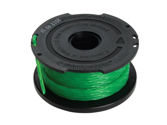 Spool of green string trimmer line with black housing on a white background