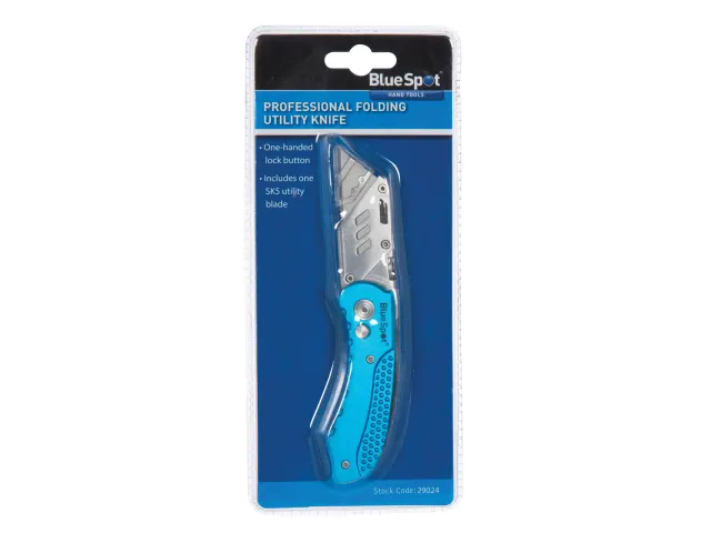 Blue folding utility knife on a white background