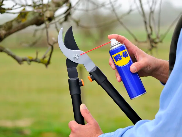 Person using a can of WD-40 on garden shears with a blurred natural background