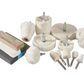 Set of various polishing pads and tools on a white background