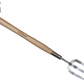 Gardening tool with wooden handle and metal prongs on a white background