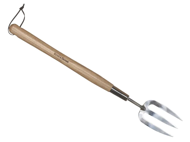 Gardening tool with wooden handle and metal prongs on a white background