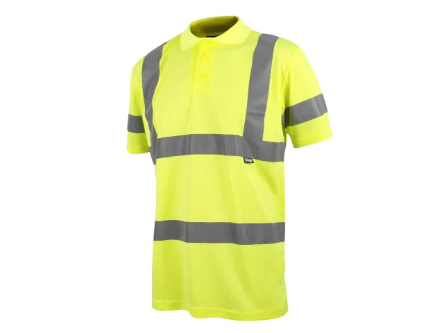 High-visibility yellow shirt with reflective stripes on a white background