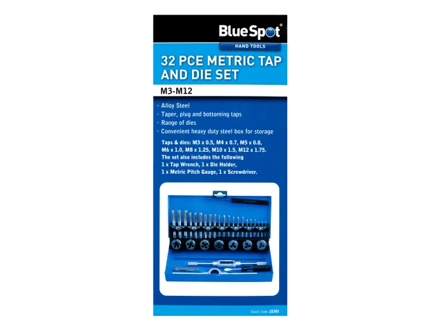 BlueSpot 32 piece metric tap and die set packaging on a white background