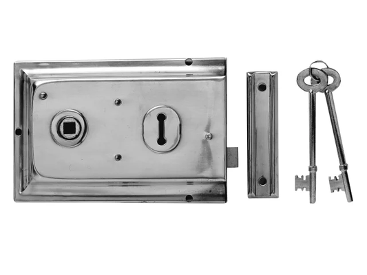 Metal door lock mechanism with key on a white background