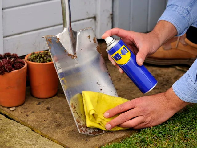 Person cleaning a metal shovel with a yellow cloth and WAG brand spray can outdoors.