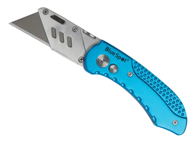 Blue folding knife with a white background