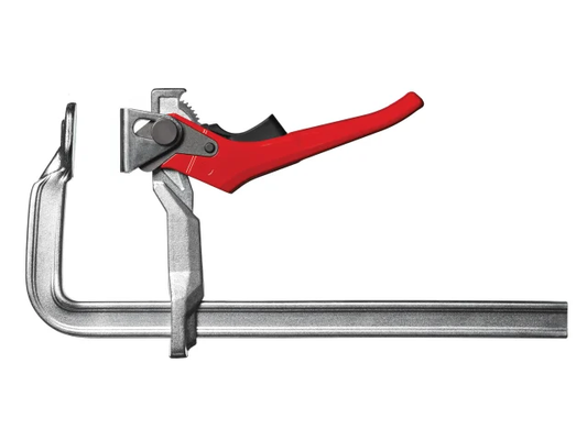 Metal C-clamp with red handle on a white background