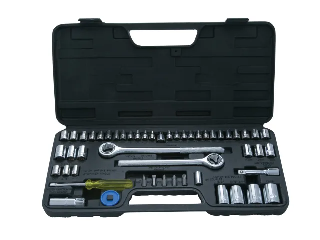 Mechanical tool set with sockets and wrenches in a black case on a white background