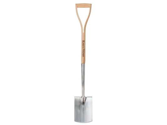 Gardening spade with wooden handle on a white background