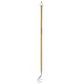 Gardening tool with a long handle and metal prongs on a white background
