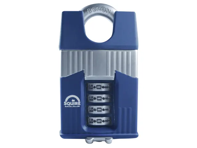 Blue combination lock with visible brand name on a white background