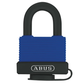 Blue padlock with black shackle on a white background