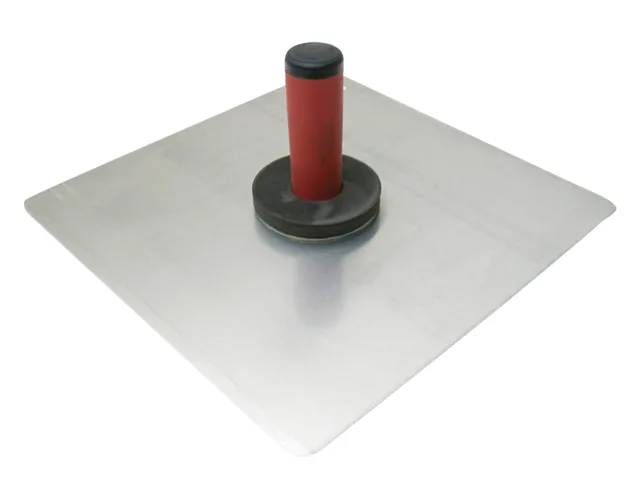 Metal trowel with red handle on a white background