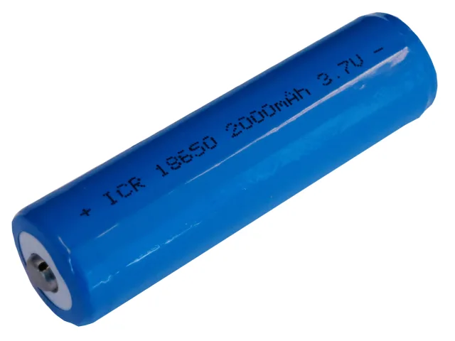 Blue cylindrical battery with text on a white background