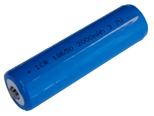 Blue cylindrical battery with text on a white background