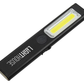 Black flashlight with visible brand name on a white background