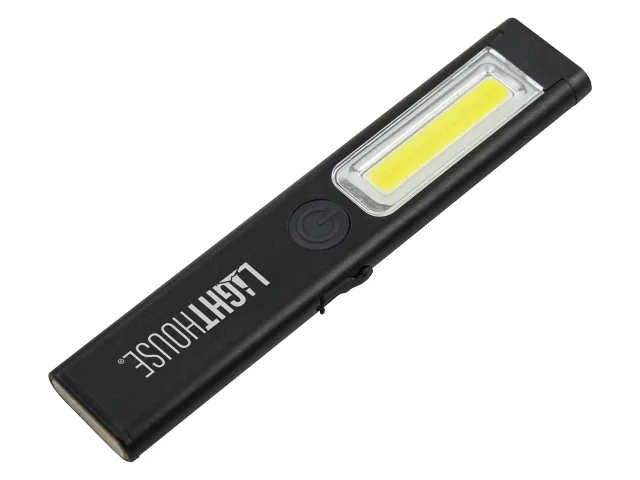 Black flashlight with visible brand name on a white background