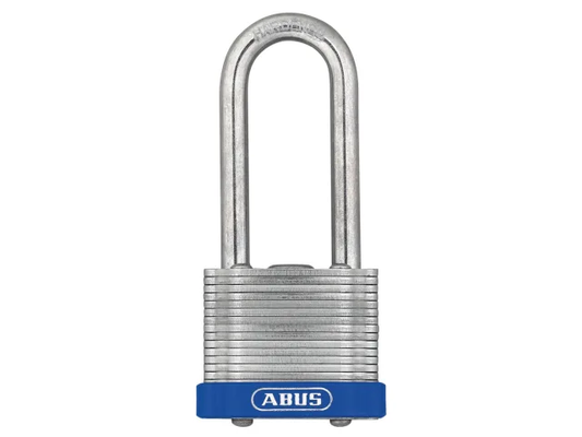 Metallic padlock with blue base on a white background