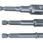 Three metallic drill bits of different sizes on a white background