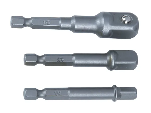 Three metallic drill bits of different sizes on a white background