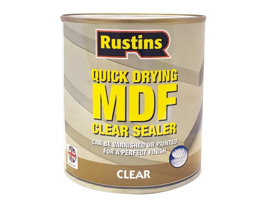 Can of Rustins Quick Drying MDF Clear Sealer on a white background