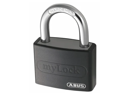 Black ABUS padlock with silver shackle on a white background