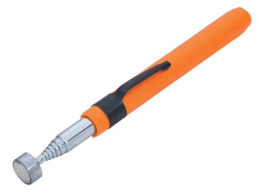 Tool with orange handle and silver head on a white background