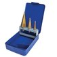 Set of cone-shaped drill bits in a blue case on a white background