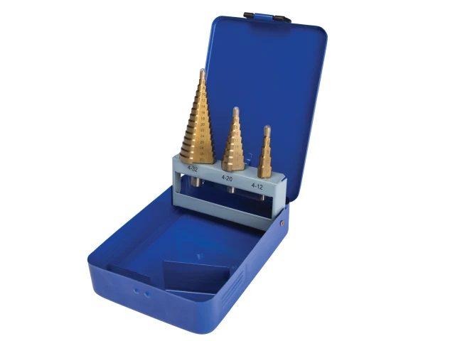 Set of cone-shaped drill bits in a blue case on a white background
